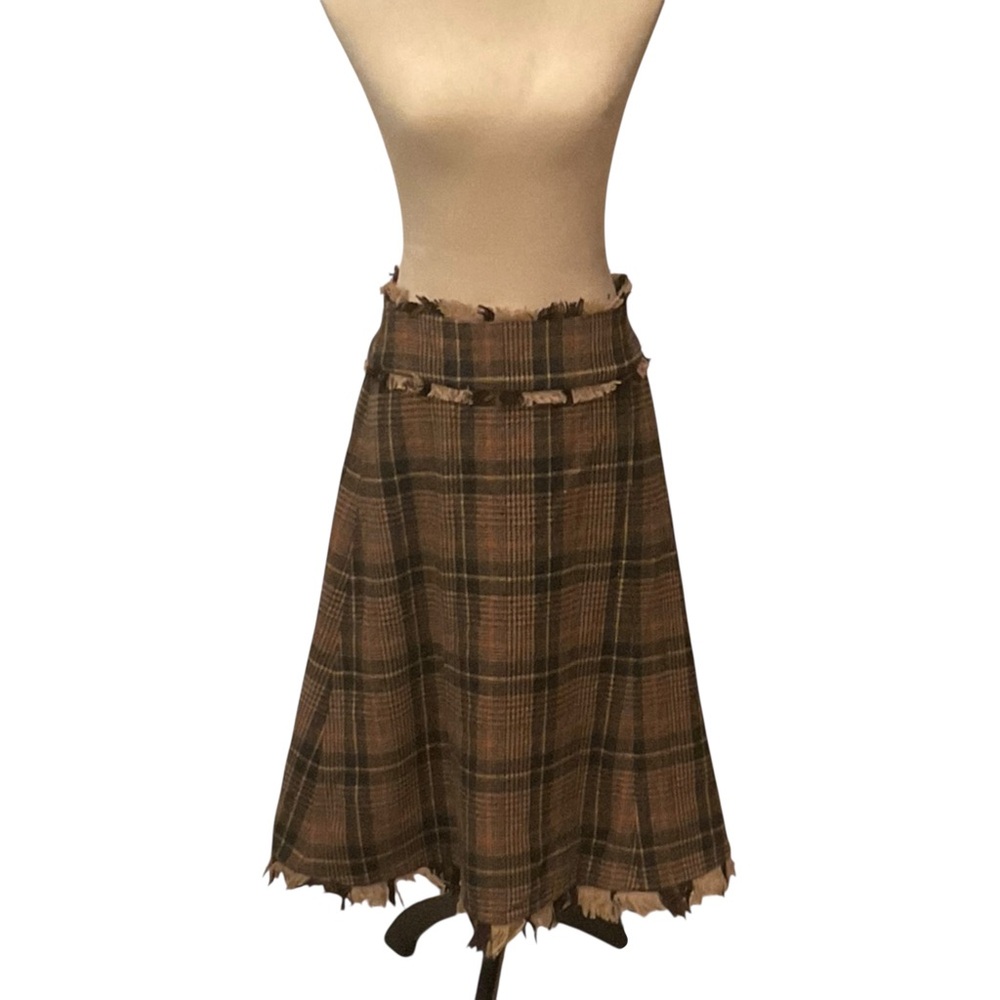 TORI BURCH Plaid Fringe Midi Skirt 8 Brown/Black $495 Retail EUC - Picture 3 of 12